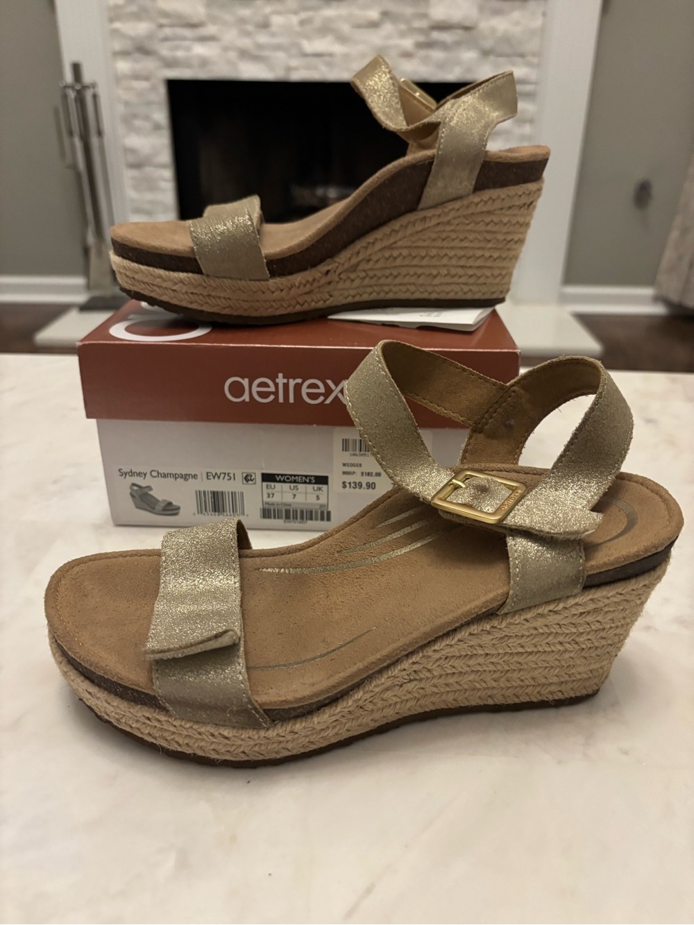Aetrex Sydney Champagne Espadrille Wedge Sandal - Champagne Golden